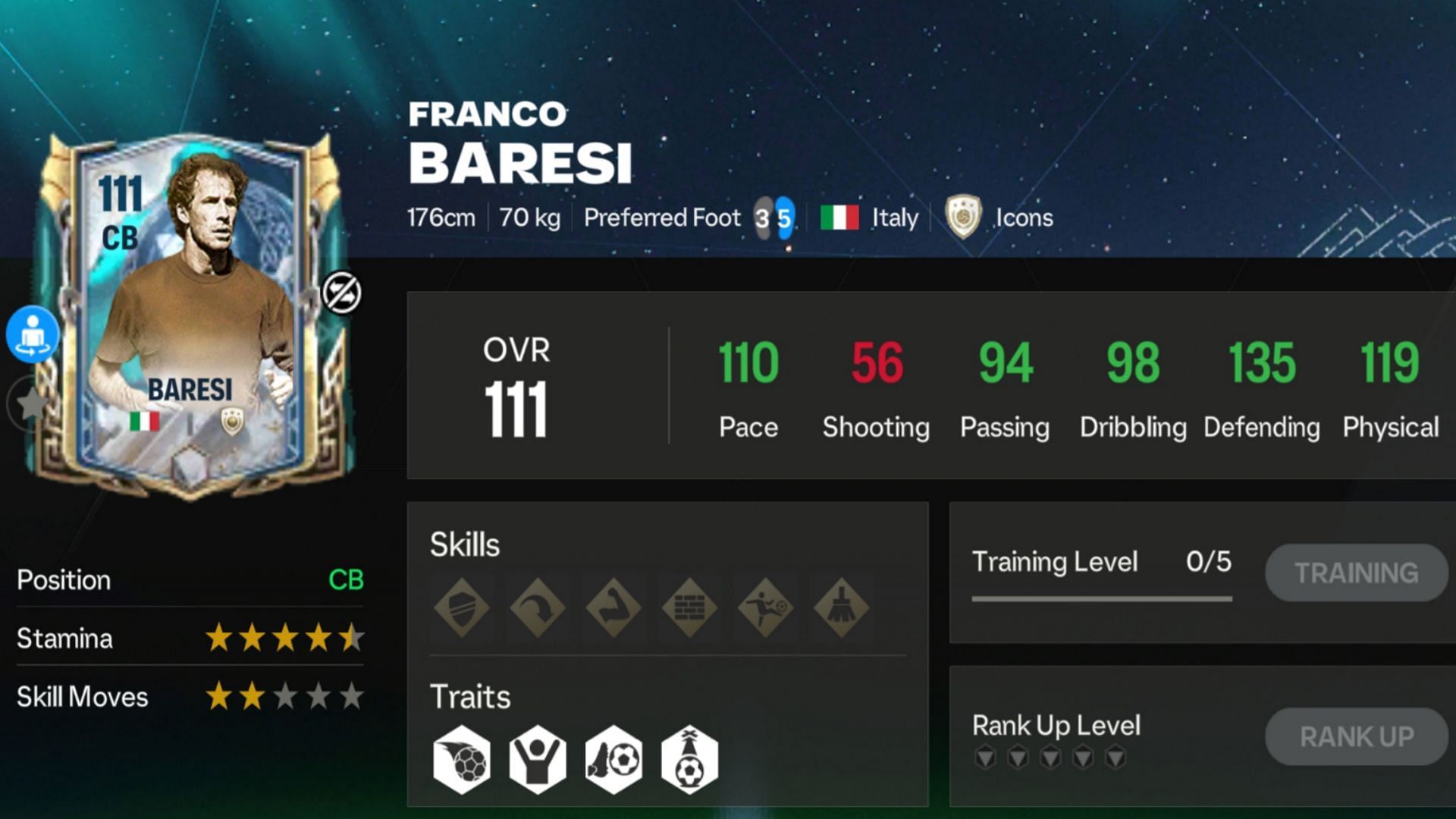 EA FC Mobile Ragnarok Mighty Winter Franco Baresi exchange card stats (Image via EA Sports)